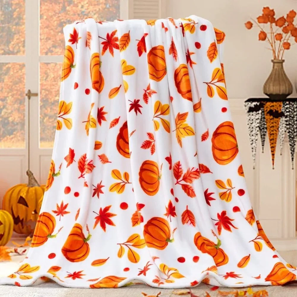 Fall Throw Blanket - Halloween Pumpkin Plush, Fuzzy Orange‎ Leaf, 50'' x 60